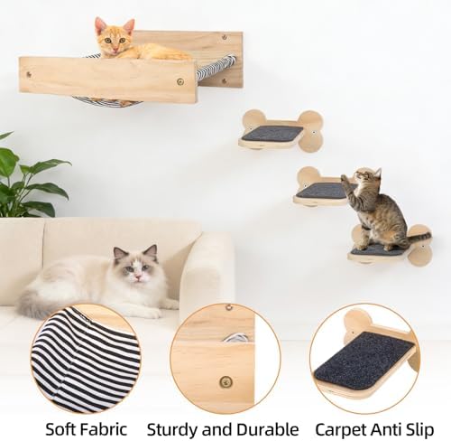 Cat Wall Hammock with 3 Steps, Pine Wood Wall Mounted Kitty Bed & Climbing - Image 3