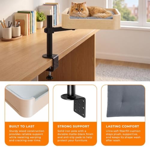 3-in-1 Cat Desk Bed, Cat Window Hammock & Elevated Floor Bed – Wooden Window - Image 3