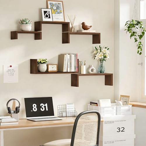 SRIWATANA Dark Walnut Floating Shelves, 5-Piece Set Wood Wall Storage Unit - Image 3
