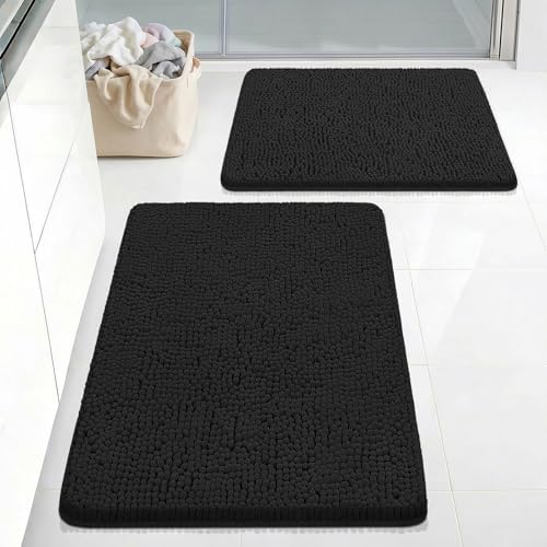 Bcoimo Bath Rug Mat Set, 2 Piece High Absorbent Chenille Bathroom Mat Black by Bcoimo