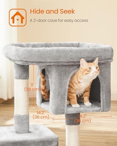 Feandrea Cat Tree, 33.1-Inch Cute Cat Tower, Plush Kitten Condo, Light Gray - Image 4