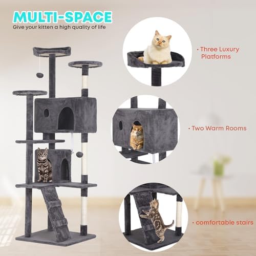 FDW | 70" Cat Tree Tower | Light Gray | Multi-Level Indoor Activity Center - Image 5