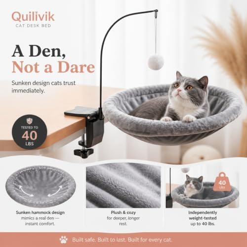 Cat Desk Bed – Reinforced Steel Clamp, Won't Collapse, Sunken Faux Fur Hammock - Image 5
