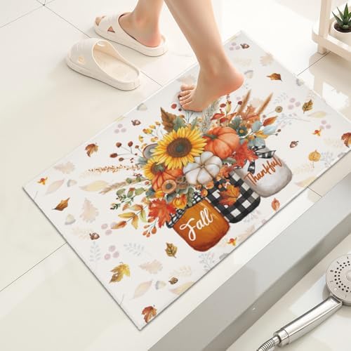 Giwawa Autumn Pumpkin Bath Rug Sunflower Flower Vase Bathtub Mat Soft Washable - Image 2