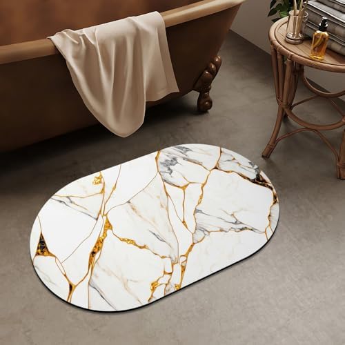White Marble with Golden, Super Absorbent Quick-Drying Bathroom Mat Rug - Image 2