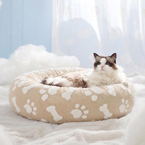 LE SURE Shown on TV Jacquard Donut Cute Cat Beds Indoor, Sand 20x20x6in by Lesure