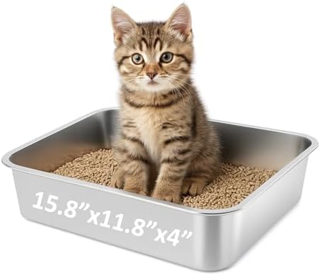 Small Stainless Steel Cat Litter Box, 15.7"x11.8"x4" by Petinstinct