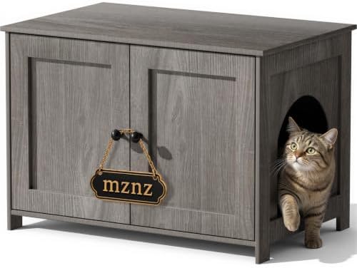 Hidden Cat Litter Box Enclosure Furniture, Dog Proof Kitty Washroom Cabinet by MZNZ