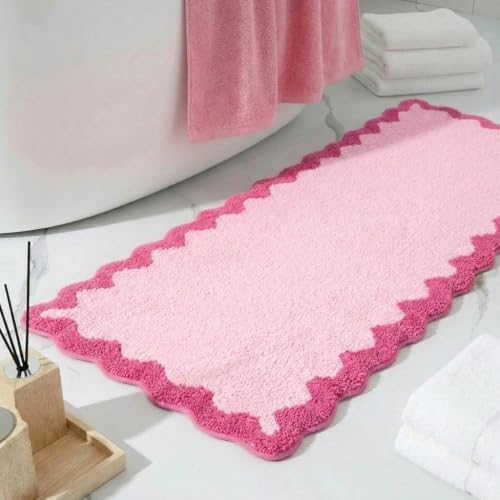 Cute Magenta‌ Pink Scalloped Bathroom Runner Rug, Fun Plush Luxury Microfiber by Casasphere