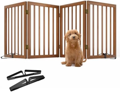 Freestanding Pet Gate Foldable 4 Panel Dog Gate Walnut Dog Gates - Image 6