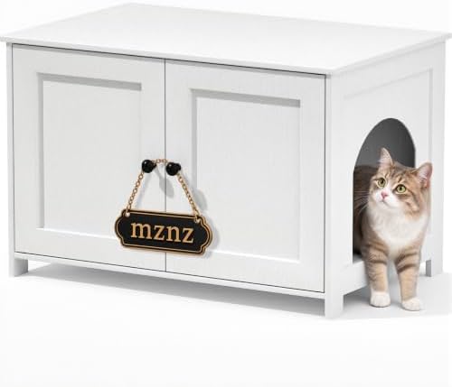Hidden Cat Litter Box Enclosure Furniture, Dog Proof Kitty Washroom Cabinet by MZNZ