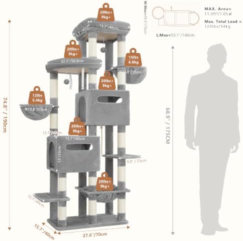 Heybly Cat Tree, 74.8-Inch Spacious & Tall Cat Tower - Image 5