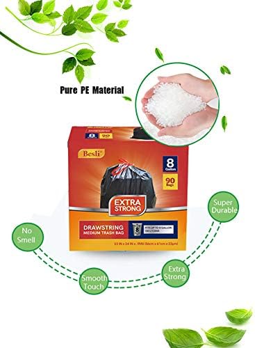 Besli 8 Gallon Black Drawstring Trash Bag Garbage Bag Trash Can Liner, 0.9 Mil - Image 2