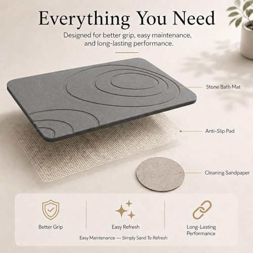 Stone Bath Mat for Bathroom, Diatomaceous Earth Shower, Dark Gray - Image 5
