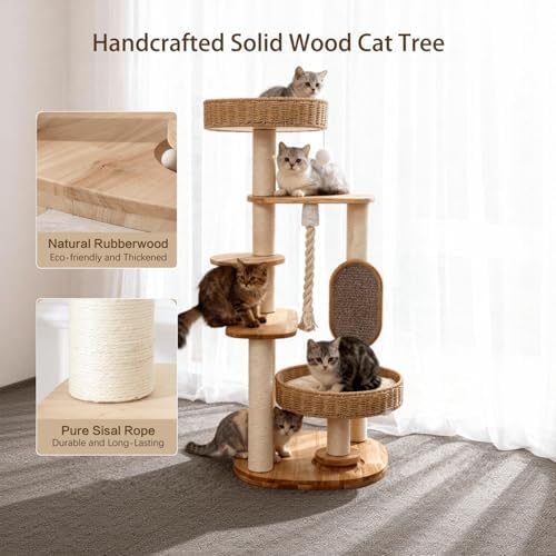 48in Natural Wood Cat Tree for Large Cats, Big Modern Cat Tower - Image 2