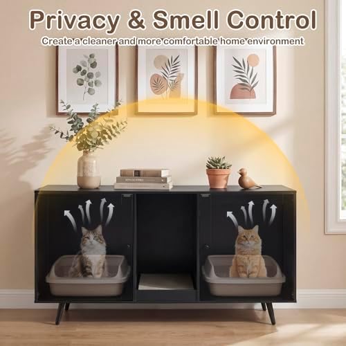 Tangkula Double Cat Litter Box Enclosure, Large Hidden Wooden Cat Cabinet - Image 4