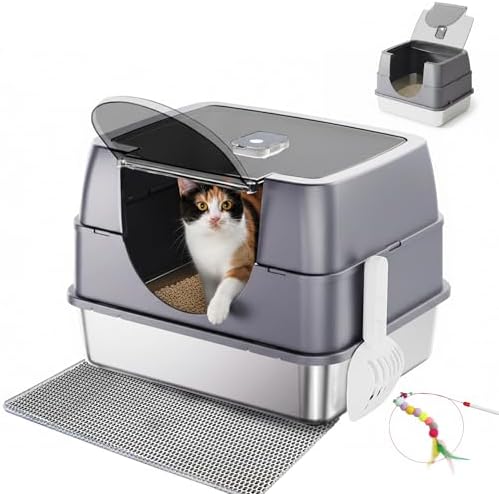 Enclosed Cat Litter Box with Flip-Top Lid, Stainless Steel Large Covered Litter by TehoaoWomensClothes