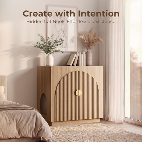 Amunrbrek Large Litter Box Enclosure, Fluted Hidden Cat Litter Box Cabinet - Image 2