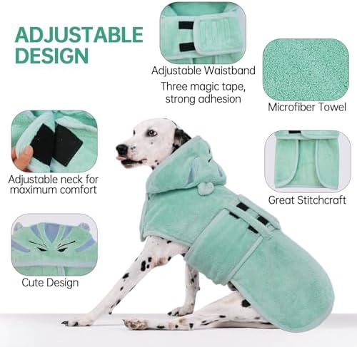 Dog Bathrobe, Fast Drying Coat, Super Absorbent Bath Towel Green S - Image 3