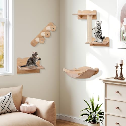 Tangkula Cat Wall Shelves, 4 Pieces Wooden Wall Mounted Kitten Furniture Set by TANGKULA