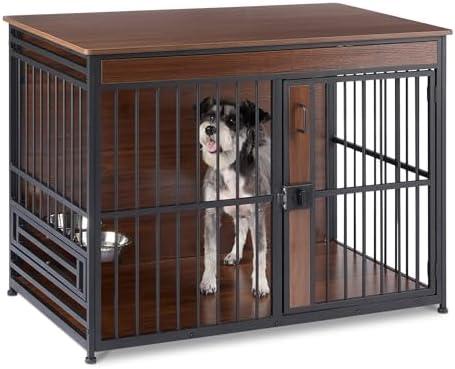 Amazon Basics Furniture Style Dog Crate, Sturdy Wooden Pet Kennel, Two Bowls by AmazonBasics