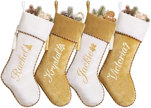 Personalized Christmas Stockings with Names 4 Pack White Gold by Ugiftcorner