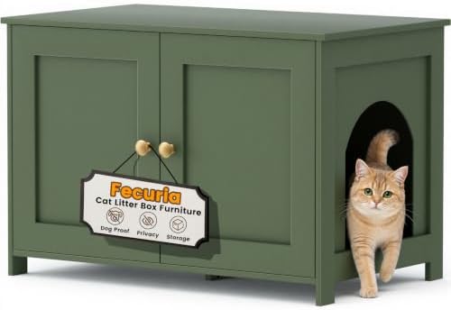 Cat Litter Box Enclosure Furniture Dog Proof, Hidden Kitty Washroom Cabinet Low by Fecuria