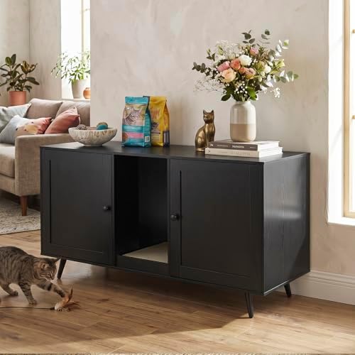 Tangkula Double Cat Litter Box Enclosure, Large Hidden Wooden Cat Cabinet - Image 2