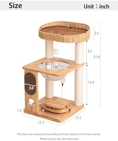 32" Wood Cat Tree Tower, Acrylic Bowl, Woven Bed & Scratch Board - Image 2