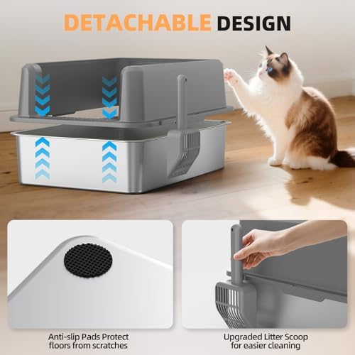 Stainless Steel Cat Litter Box, XXL High Sided Open Top Litter Pan, 1 Scoop - Image 6
