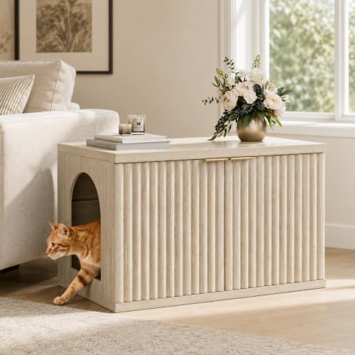 Homhedy Cat Litter Box Enclosure, Modern Fluted Accent, Cream Gray - Image 5