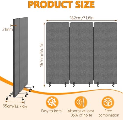 Soundproof Room Divider with Wheels, 66in Acoustic Room Divider Panel, 3 Panel - Image 6