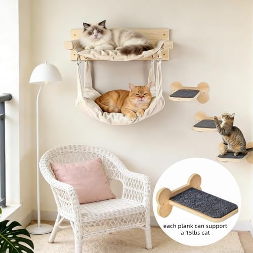Beige Wall Mounted Cat Double Hammock & 3 Steps, Pine Climbing Shelf & Perch Set - Image 5