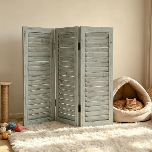 35" T Room Divider Screen, Rustic Wooden 3 Panel Louvered Privacy Divider - Image 5
