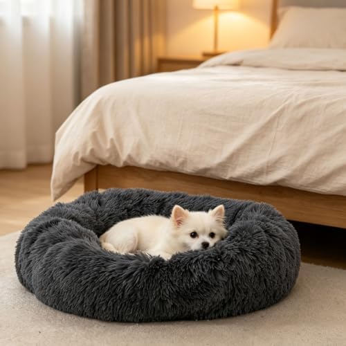Cat Beds for Indoor Cats, Round Donut Small Dog Bed, Dark Gray - Image 5