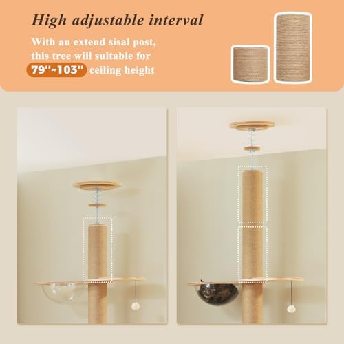PETEPELA Floor to Ceiling Cat Tree, 79-103'' Adjustable Wood Tower - Image 4
