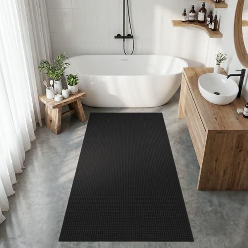 3x5 Washable Bath Mat: Non Slip Soft Waffle Textured Area Rug Black by BYYVOORugsforYourHome
