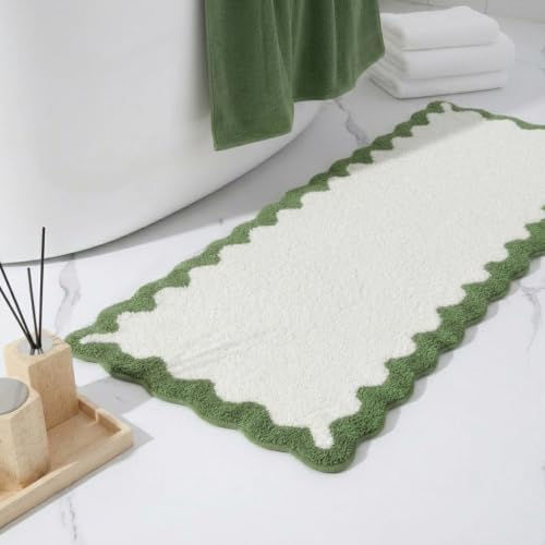 Cute Green Scalloped Bathroom Runner Rug, Fun Plush Luxury Microfiber Bath Rug by Casasphere