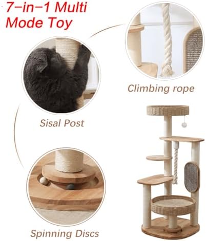 48in Natural Wood Cat Tree for Large Cats, Big Modern Cat Tower - Image 5