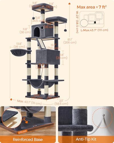 Feandrea Cat Tree, 81.1-Inch Large Cat Tower, Smoky Gray - Image 5