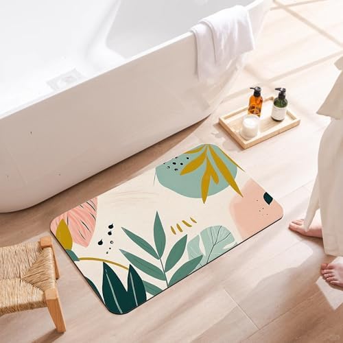Bohemian Leaves Bath Mat, Fast Drying Mid Century Abstract Bathmats - Image 3