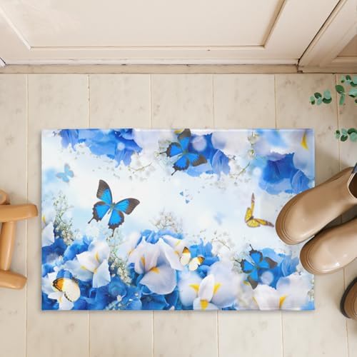 Giwawa Blue Floral Bath Rug Flower Butterfly Bathroom Carpet Extra Soft Plush - Image 7