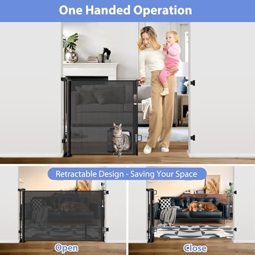 Retractable Baby Gates with Cat Door 80" Wide Retractable Dog Gate with Pet - Image 4