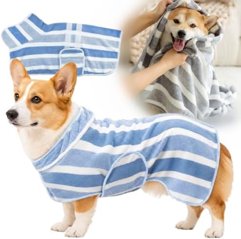 Quick-Dry Dog Bathrobe, Absorbent Striped Pet Towel Coat，Blue：M by Unknown