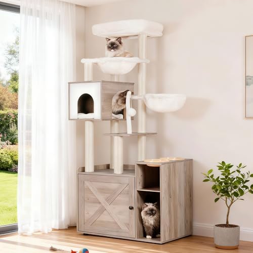 Hey-brother Cat Tree Tower, Wooden Litter Box Enclosure and Condo by Hey-brother