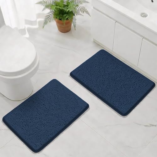 Bcoimo Bath Rug Mat Sets, 2 Piece High Absorbent Chenille Bathroom Mat Navy by Bcoimo
