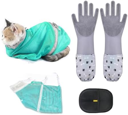 Pet Grooming Long Sleeve Washing Gloves feature silicone grooves design by Unknown