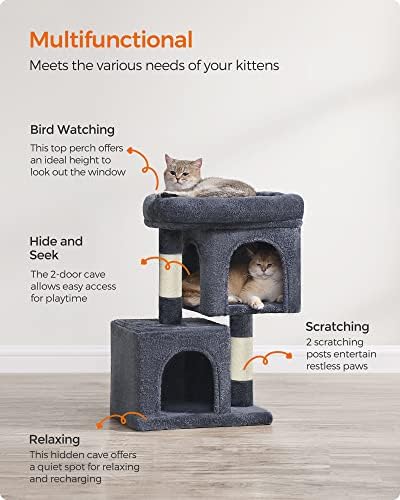 Feandrea Cat Tree, 26.4-Inch Small Cat Tower, Cute Plush Condo, Smoky Gray - Image 4