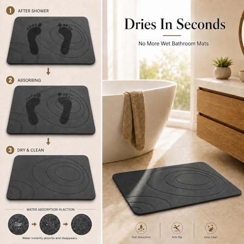 Stone Bath Mat for Bathroom, Diatomaceous Earth Shower, Dark Gray - Image 3