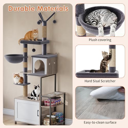 HavenlyYouth Cat Tree with Food Station and Litter Box Enclosure, Plush Hammock - Image 6